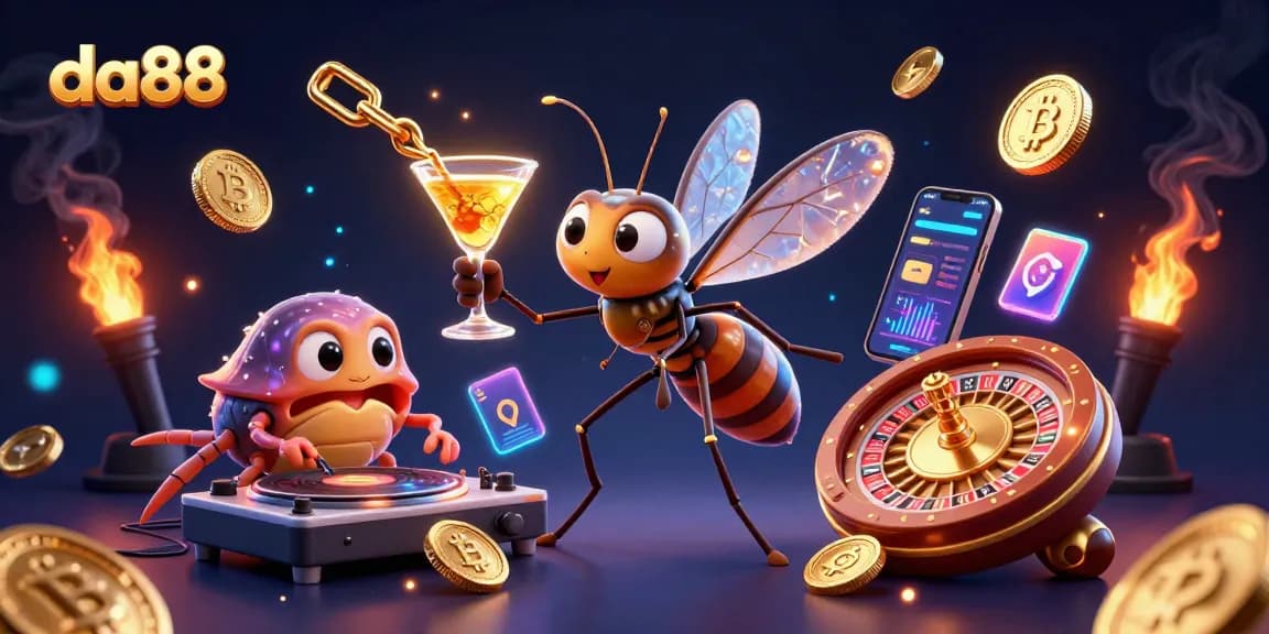 Engage with da88 casino strategy as a frozen-in-amber mosquito mascot stands with golden elements!