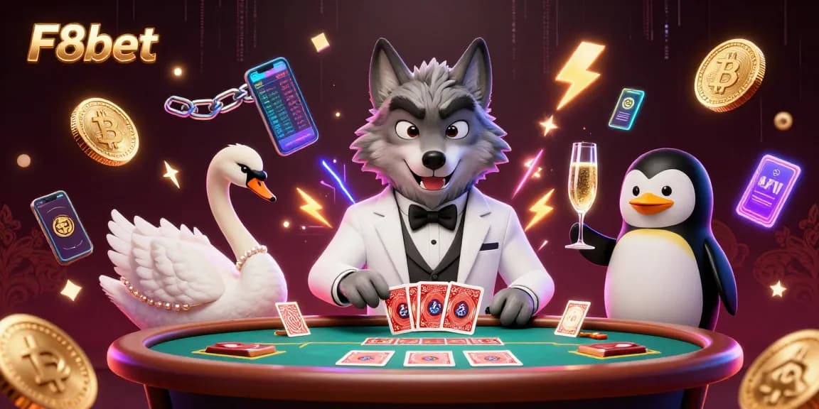 Play exciting casino games with F8bet's vibrant and engaging atmosphere illustrated with unique characters.