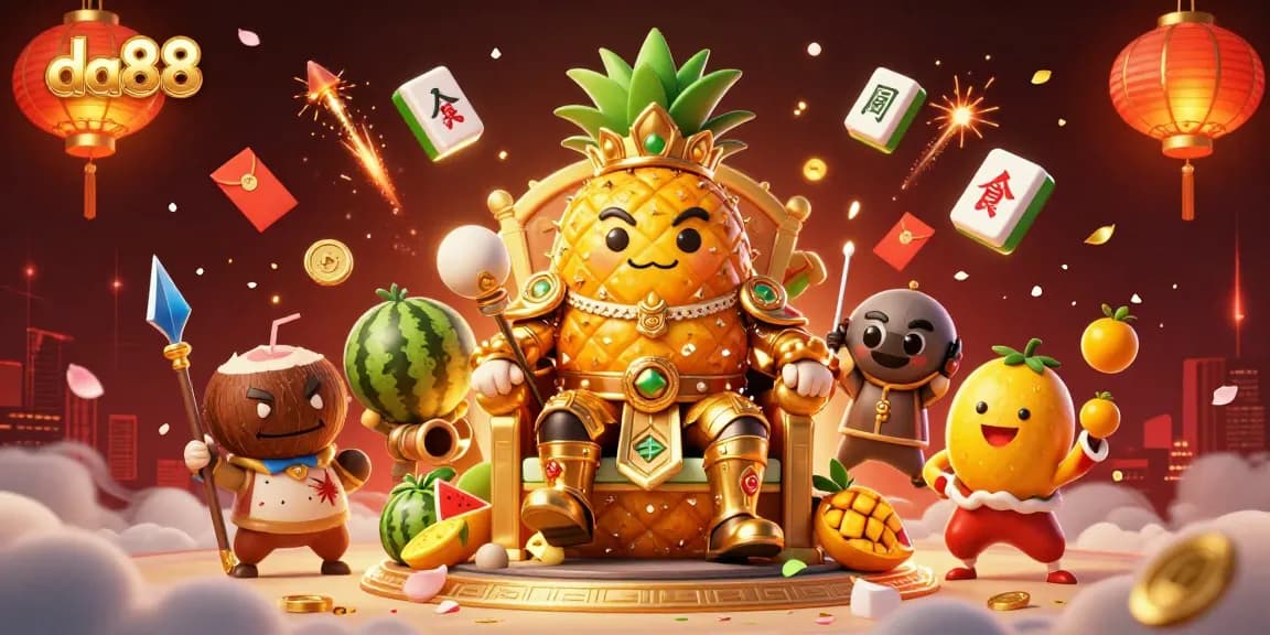 Engage with the vibrant da88 casino world featuring a golden pineapple king and dynamic gambling elements.