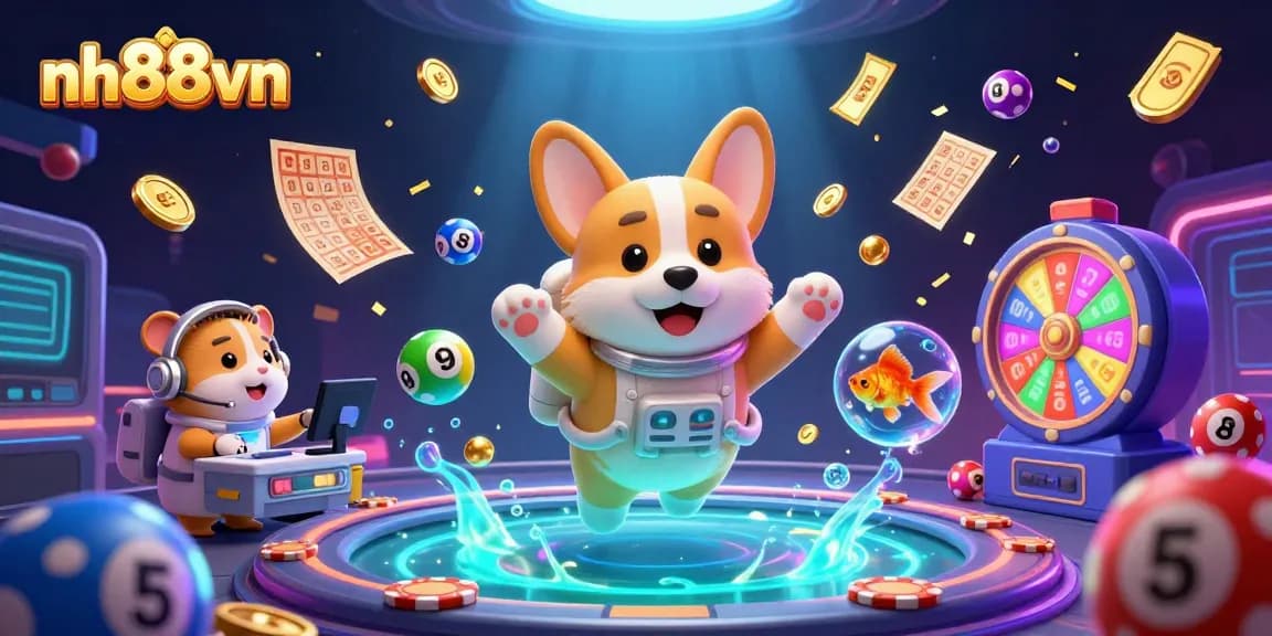 nh88vn offers exciting gaming experiences in a lively casino scene with playful characters and elements.