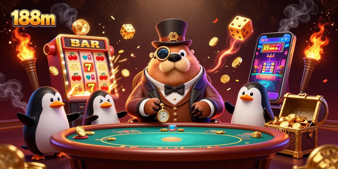Experience thrilling gameplay at 188m with vibrant slots and lively casino characters.