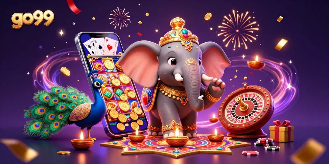 Experience excitement at go99 with 3D gambling characters amid scattered slot games and festive elements.