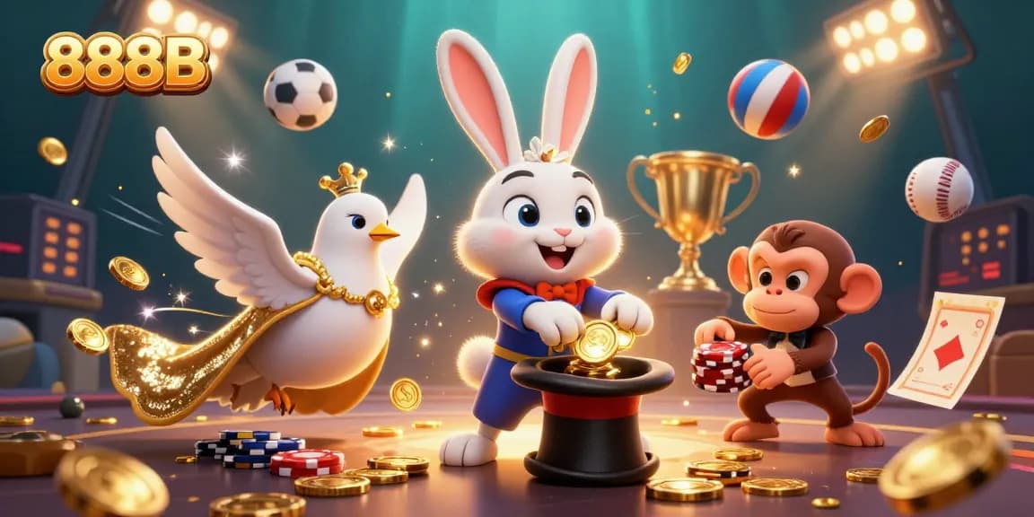 Experience excitement at 888B with a dynamic 3D portrayal of casino fun featuring charming characters.