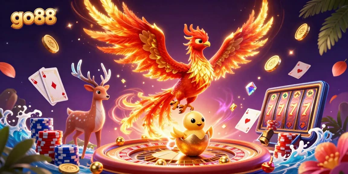 Experience the magic of go88 with a 3D phoenix soaring over abundant casino treasures and games.