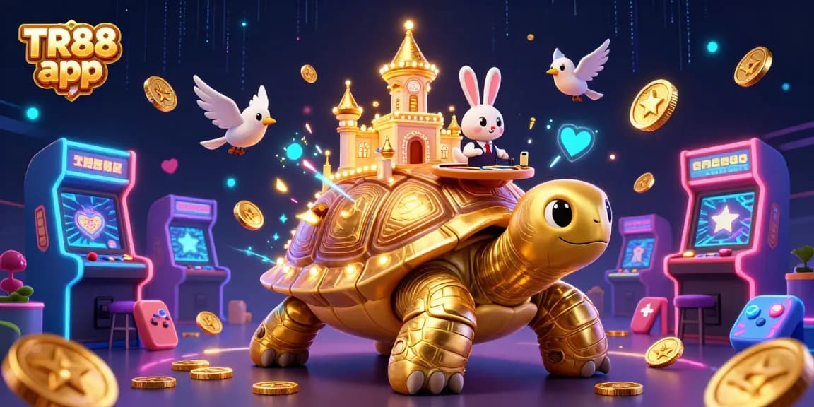 Experience excitement with the TR88 app, featuring a dynamic casino scene with games and golden coins.