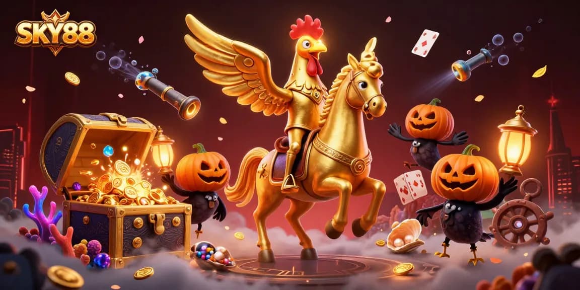Experience the thrilling adventure of SKY88 as the golden rooster roams a vivid casino.