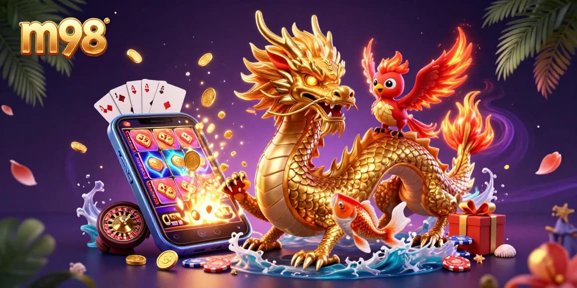 Spin vibrant m98 slots with 3D dragon, phoenix, and koi fish amidst coins