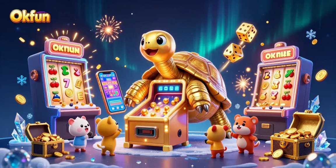 Engage with Okfun's vibrant casino scene featuring a colossal golden tortoise and a jackpot explosion.