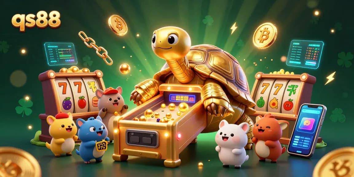 Spin and score at qs88 with vibrant slots and a golden tortoise, showcasing exciting gameplay.