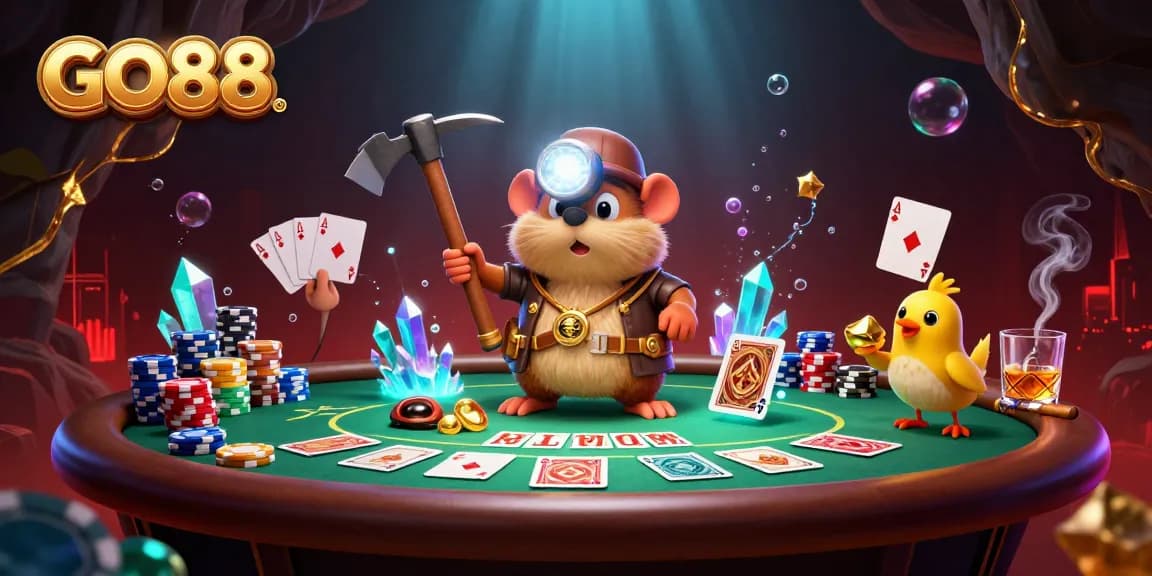 GO88 gaming adventure featuring cartoon characters amidst a vibrant poker scene