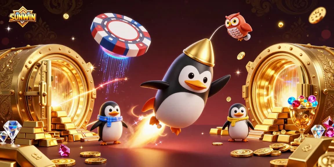 SUNWIN rocket-powered penguin launches into a casino-themed space adventure with treasures and excitement.