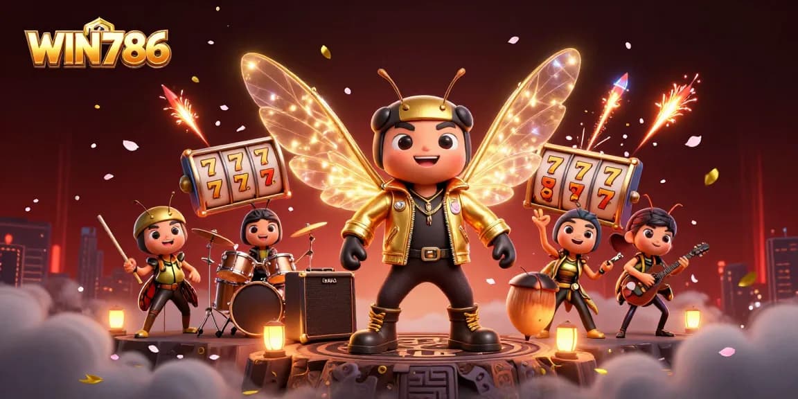 WIN786 presents a colorful casino scene with a music theme, featuring slot reels and dynamic characters.