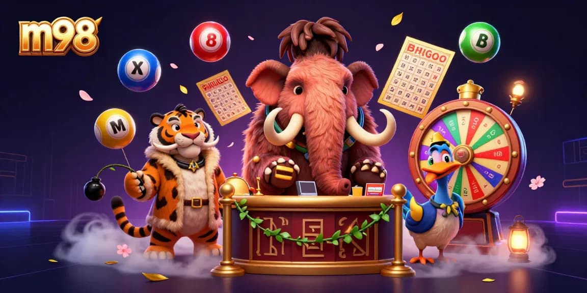 M98 casino scene featuring a woolly mammoth bouncer and a saber-tooth tiger VIP, surrounded by dynamic lottery elements.