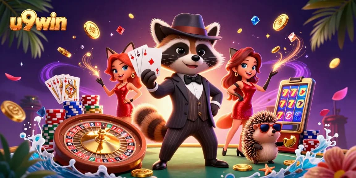 Experience the thrill of u9win with a suave raccoon and friends in an exciting casino scene.