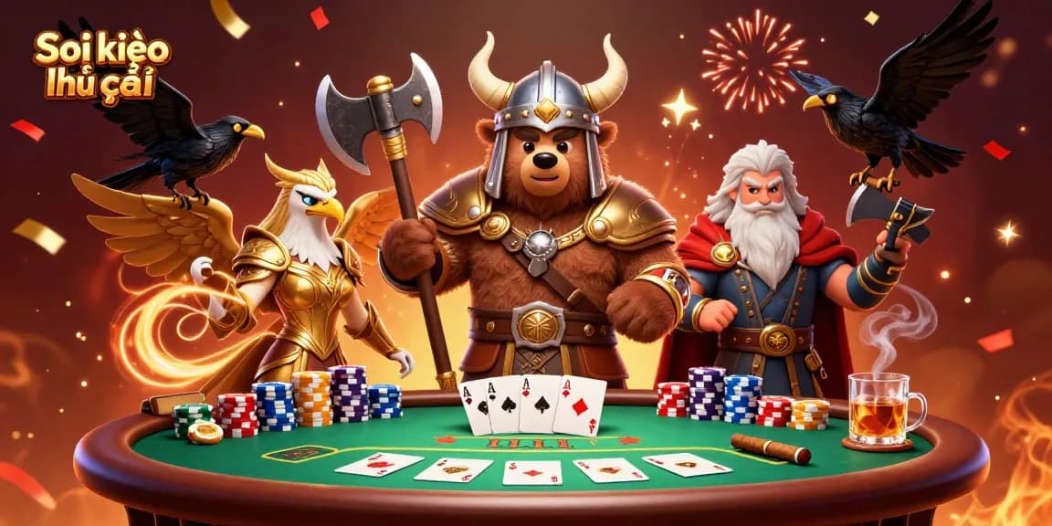 Soi kèo nhà cái illustrated scene of a Viking bear and Valkyrie eagle at a poker table with vibrant casino elements.
