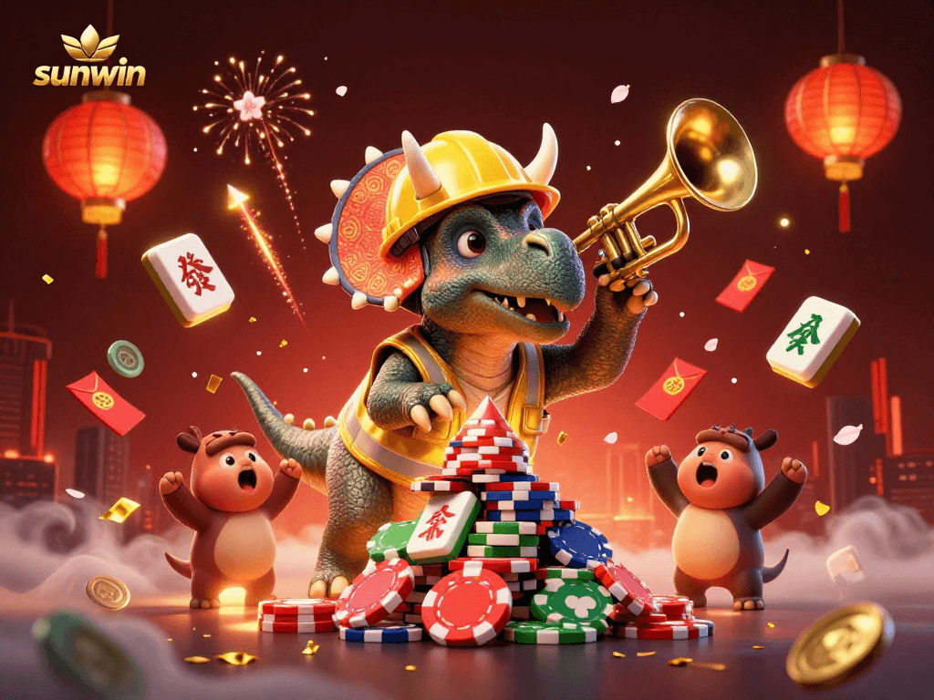 Embrace the thrill with sunwin: festive 3D scene celebrating poker and gaming vibes.