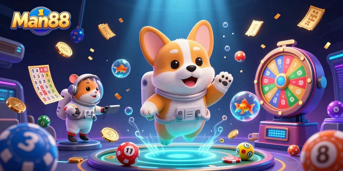 Engage with Man88's immersive gaming experience featuring a corgi astronaut in a vibrant space casino.