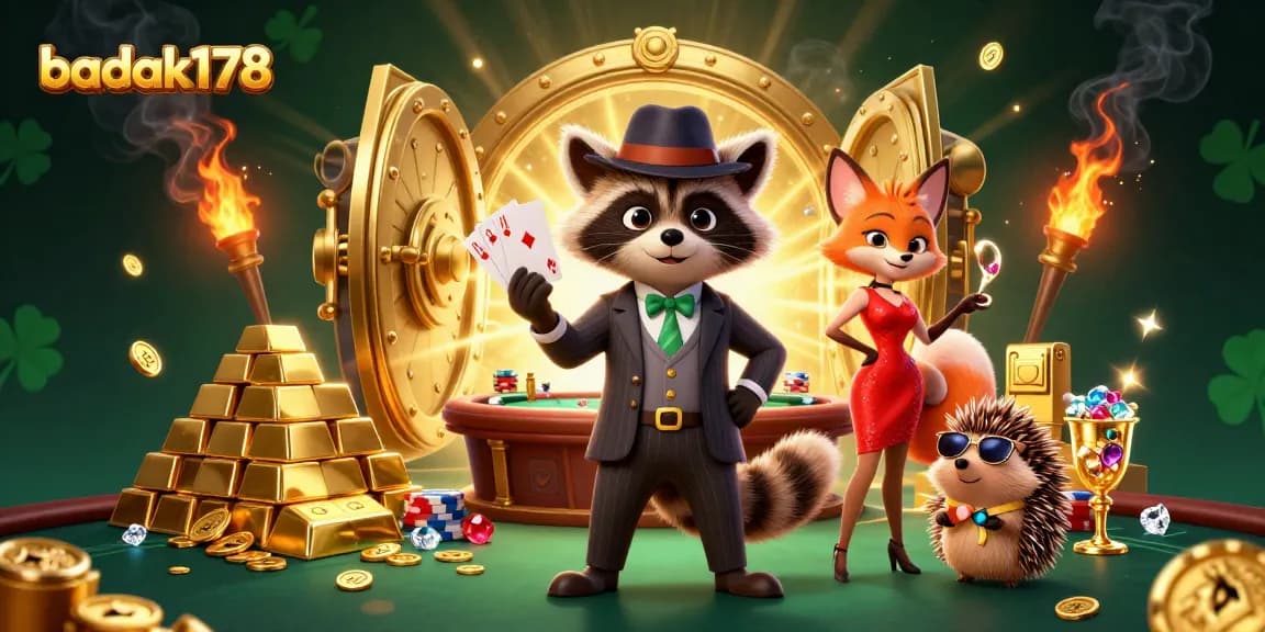 Experience the thrill of poker with badak178 in this vibrant casino scene featuring charming characters.