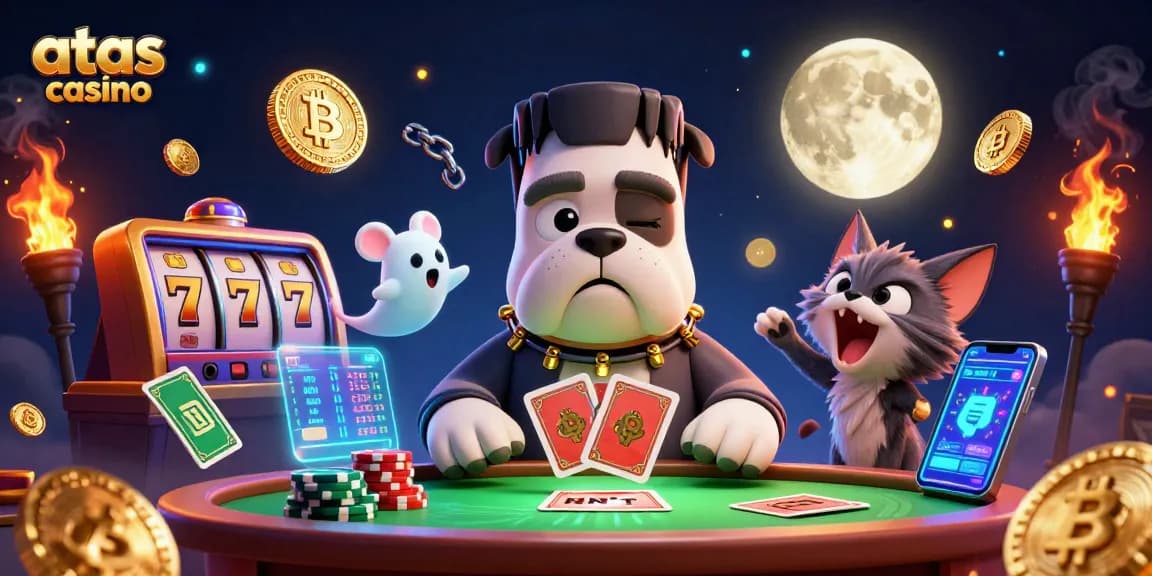 Engage with atas casino's lively atmosphere featuring charismatic characters and vibrant slot elements.