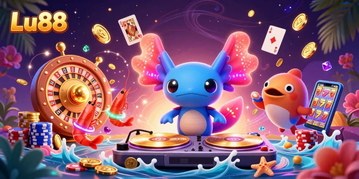 Engage with Lu88's vibrant casino world showcasing the lively axolotl DJ, colorful shrimp dancers, and dynamic gambling elements.
