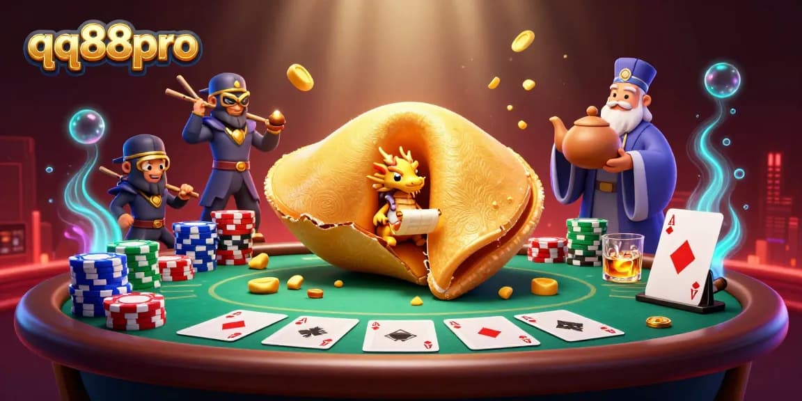 Win big with qq88pro in this vibrant 3D casino scene featuring colorful poker elements.