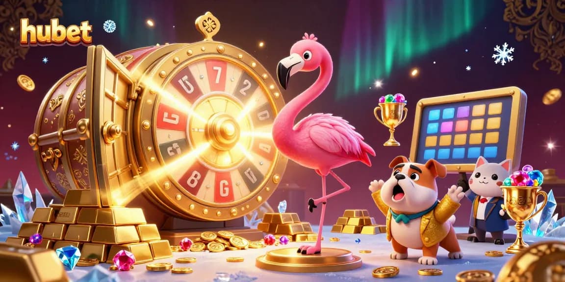 Experience exciting wins at hubet with a vibrant casino-themed scene featuring colorful characters and dynamic gold elements.