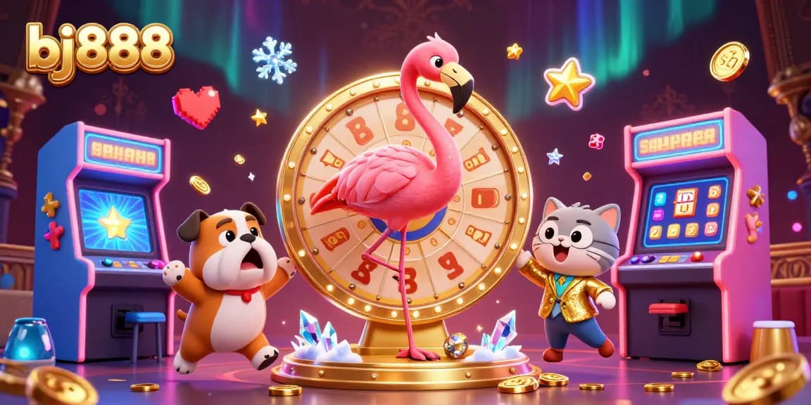 Experience thrilling wins at bj888 with our dynamic game show scene featuring vibrant colors and casino elements.