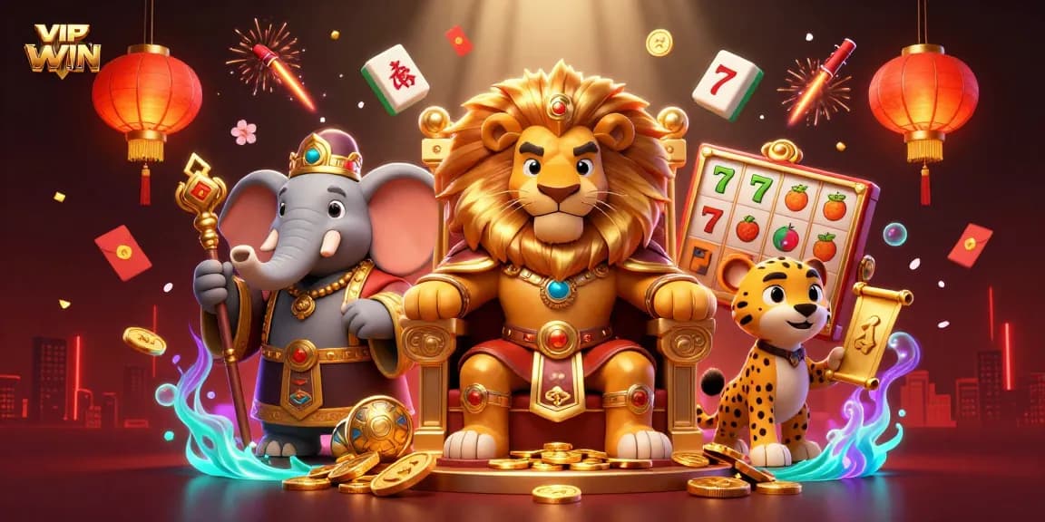 Engage in thrilling gameplay at VIPWIN with a vibrant casino scene featuring a regal lion king.