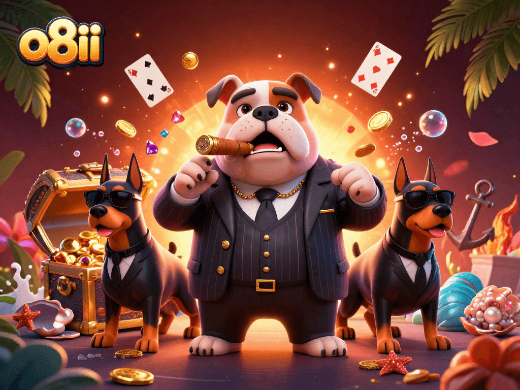 Experience thrilling gaming with o8ii as a bulldog mafia boss guards treasures in 3D.