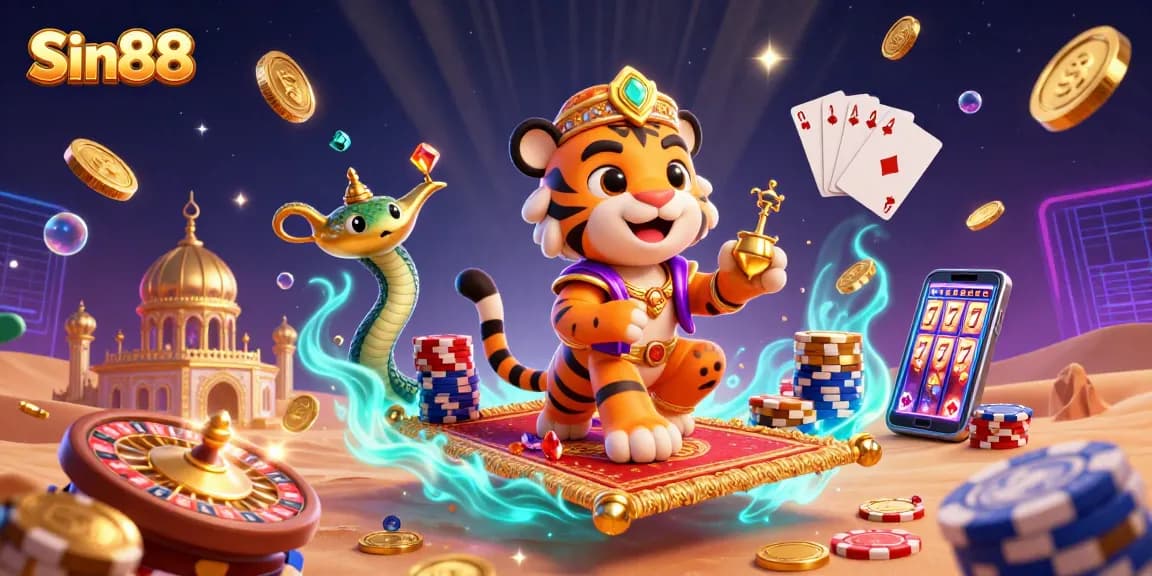 Experience the excitement of Sin88 with a vibrant casino-themed 3D illustration featuring characters and game elements.