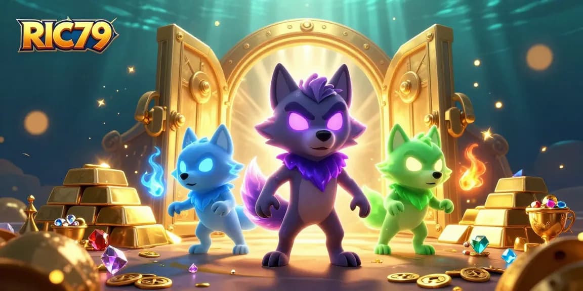 Engage with the action at RIC79, featuring a mystical wolf leader amid treasures and excitement in a vibrant casino scene.