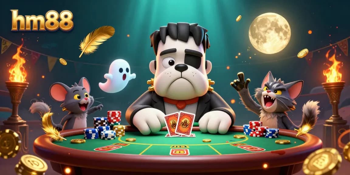 hm88 showcases a 3D cartoon Frankenstein bulldog engaging players at a poker table