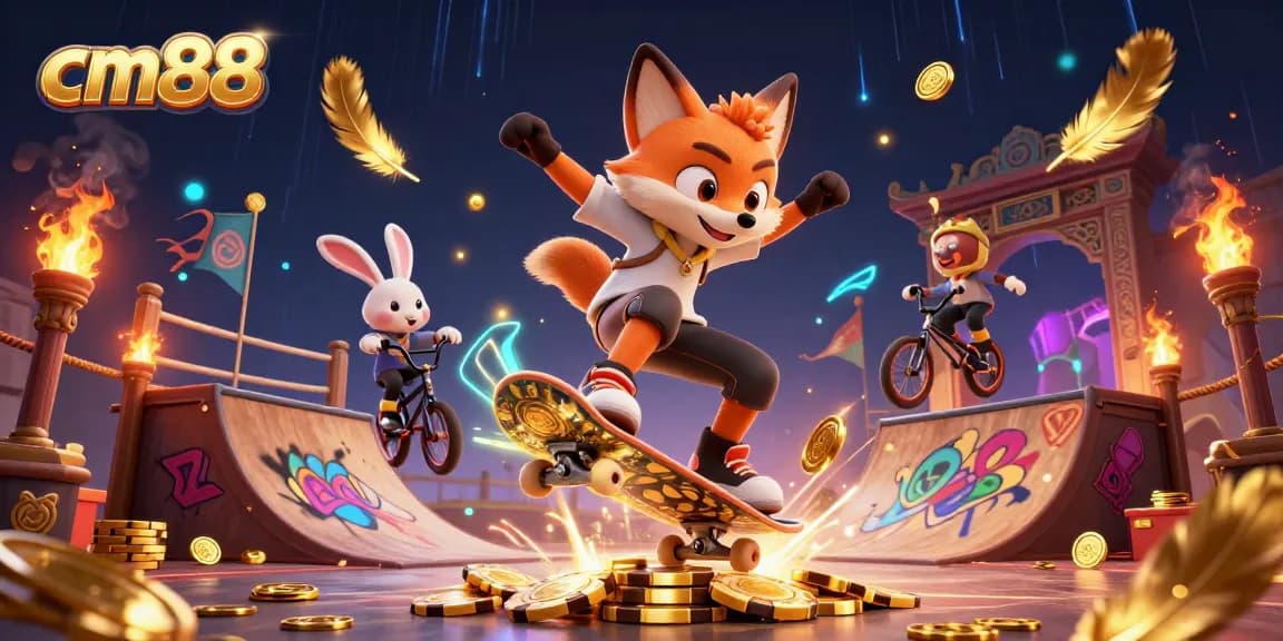 cm88 promotes vibrant gaming with fox and rabbit characters in a dynamic casino illustration