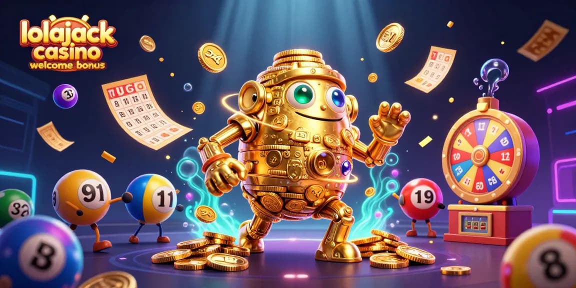 Claim the lolajack casino welcome bonus with a thrilling 3D illustration of prizes and vibrant game elements.