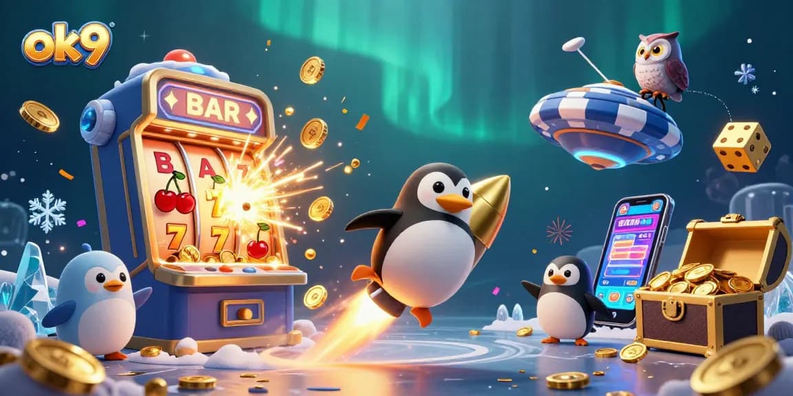 Experience exhilarating fun with ok9, where a golden penguin rockets toward a dazzling casino adventure!