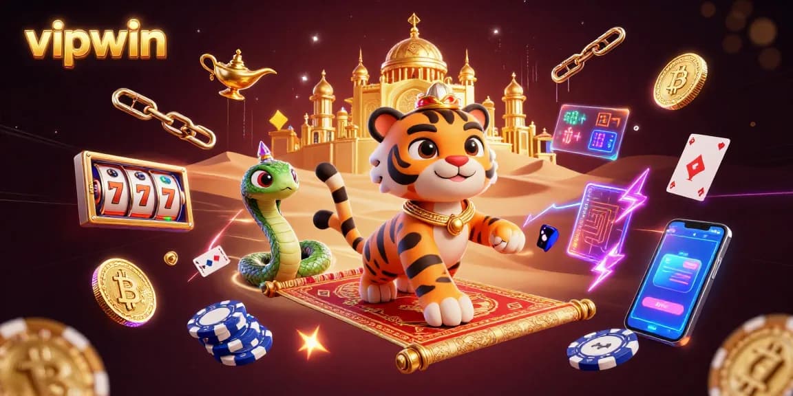 Engage in thrilling gameplay at vipwin with a vibrant 3D scene of an Arabian tiger sultan surrounded by casino elements.
