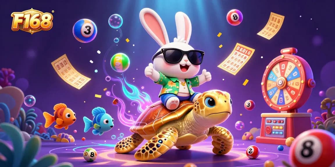 Experience the thrill of F168 with a vibrant illustration of a lucky rabbit and a sea turtle in a dynamic casino setting.