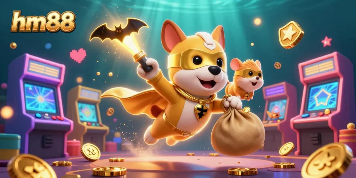 Experience thrilling casino excitement with hm88 featuring a superhero dog and hamster amidst dazzling gaming elements.