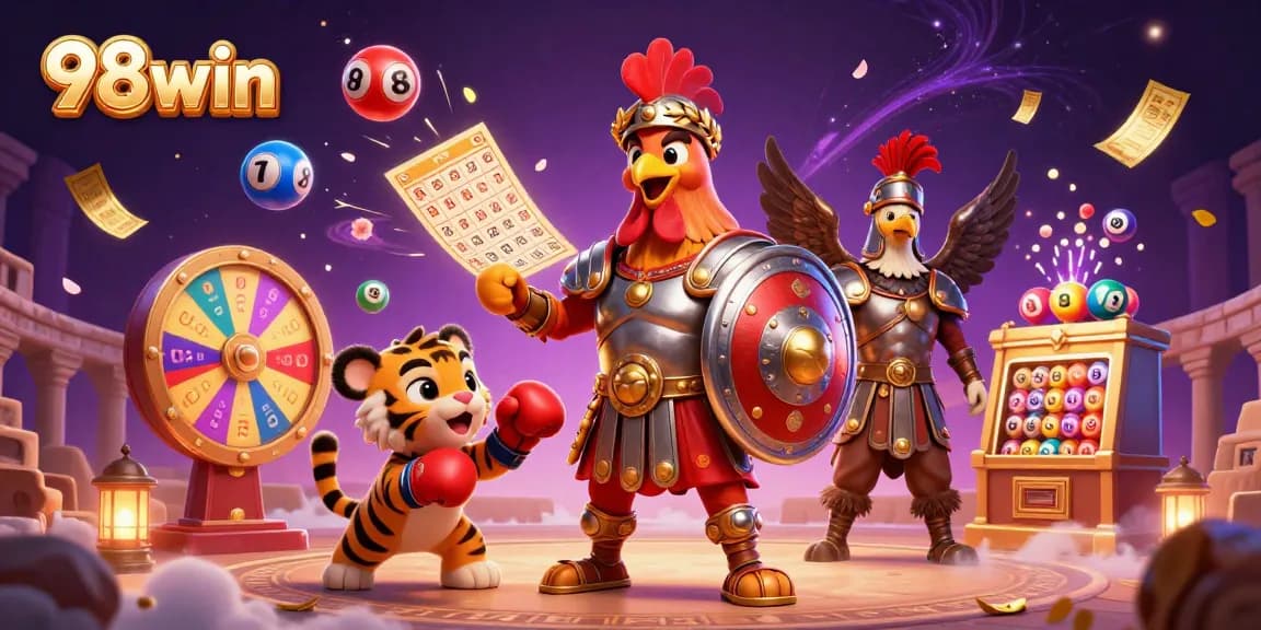Engage in vibrant casino gameplay with 98win's colorful lottery scene featuring dynamic elements and lively characters.