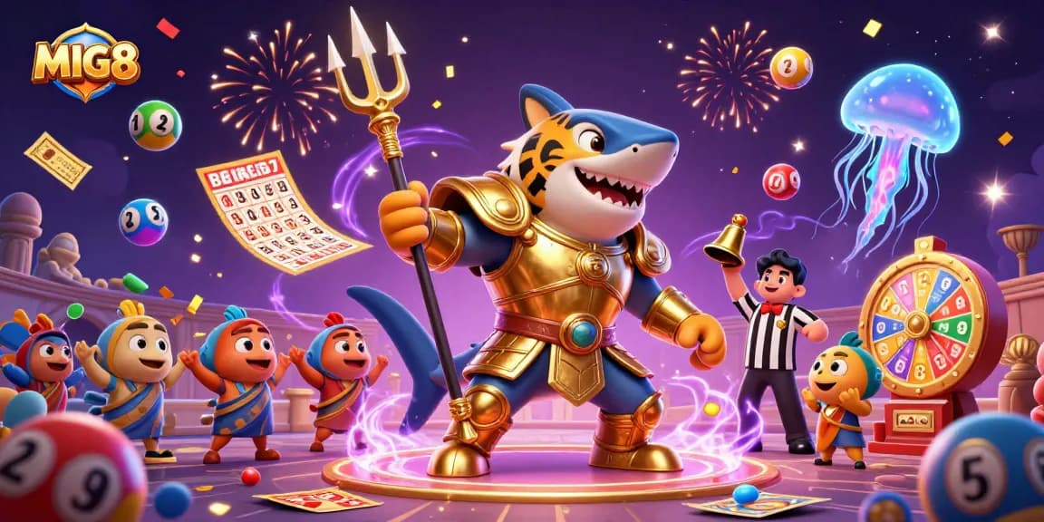 MIG8 showcases a dynamic casino scene with a tiger shark and lottery elements in celebration.