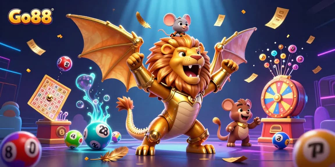 Experience exhilarating games at Go88 with a dynamic 3D illustration featuring vibrant lottery and gaming elements.
