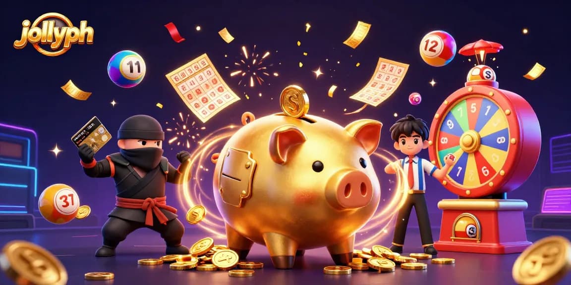 Experience the thrill of jollyph gaming with dynamic characters and colorful elements like golden coins and lottery balls.