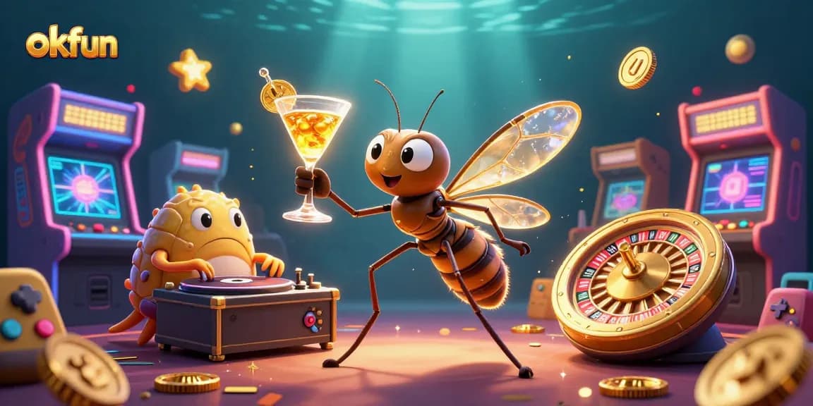 Experience the thrill of okfun with a vibrant casino scene featuring animated characters and colorful gaming elements.