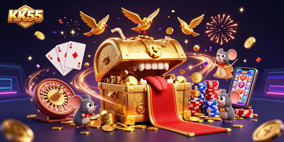 Spin and win at KK55's thrilling casino with a treasure chest of riches and lively game elements.