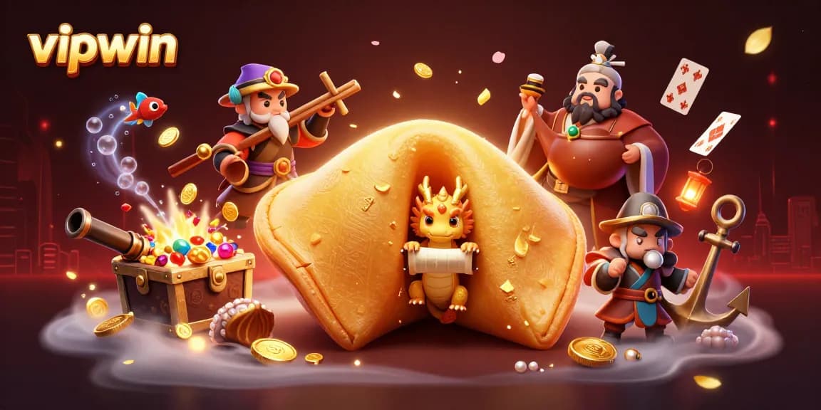 Experience winning at vipwin with a playful scene of a golden fortune cookie and wise dragon in a vibrant casino.