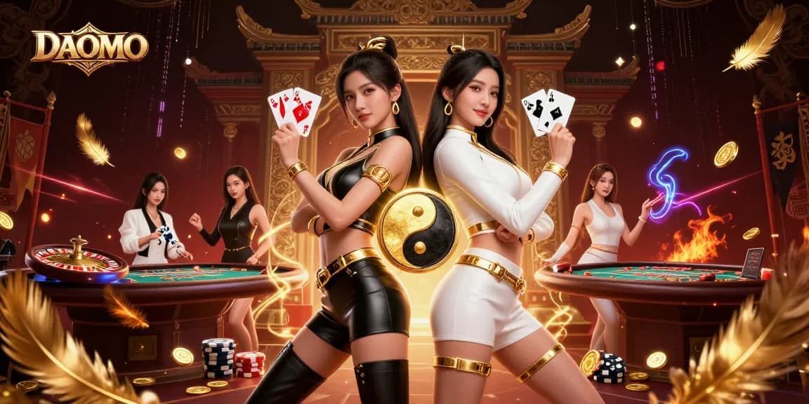 Experience thrilling gameplay at DAOMO with twin Asian women card players showcases high-stakes tension and glamorous casino elements.