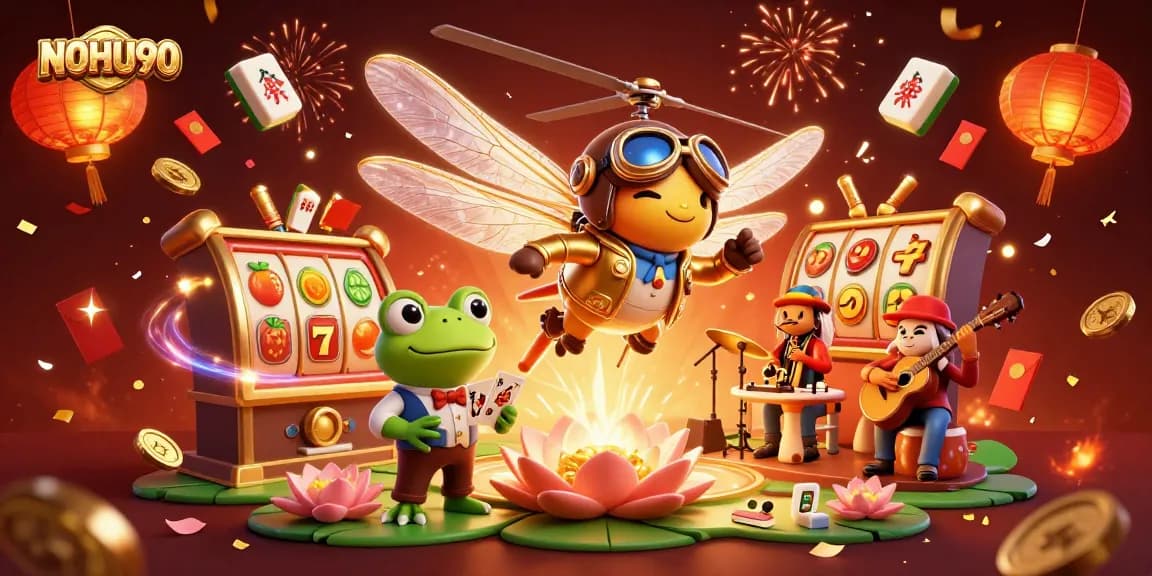 Engage with NOHU90, enjoying vibrant slot games and celebrating wins in a rich 3D casino illustration.