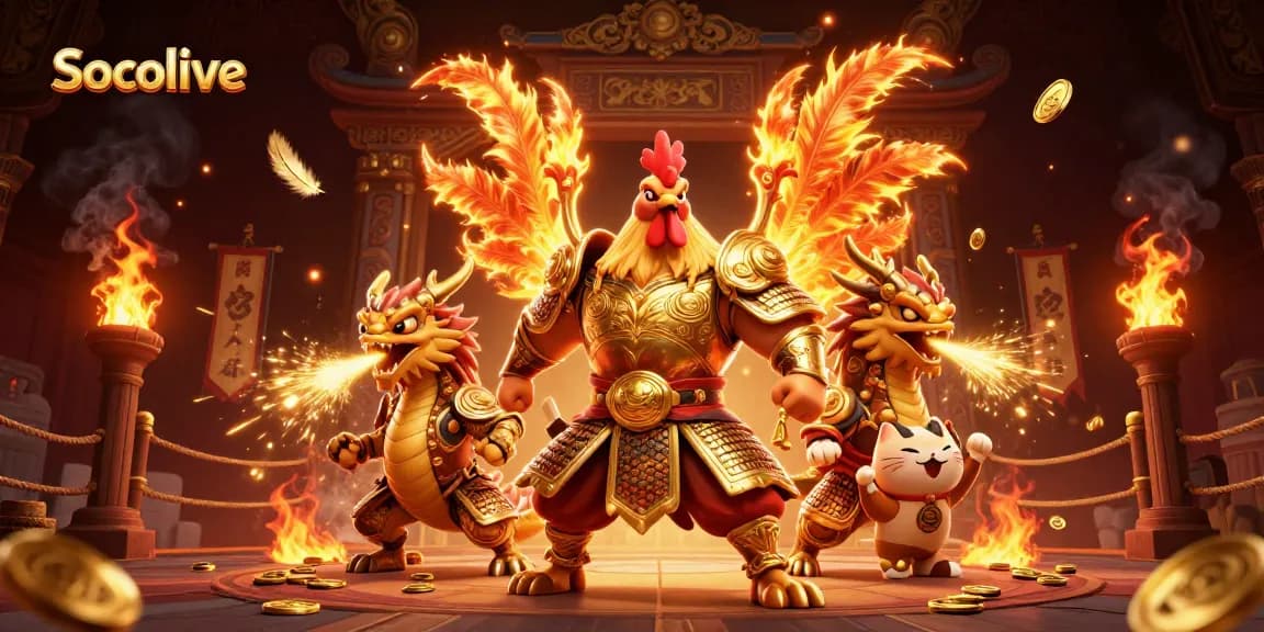 Socolive captivates sports fans with a lively scene featuring a powerful rooster warrior, dragon hatchling, and cheerful fortune cat.