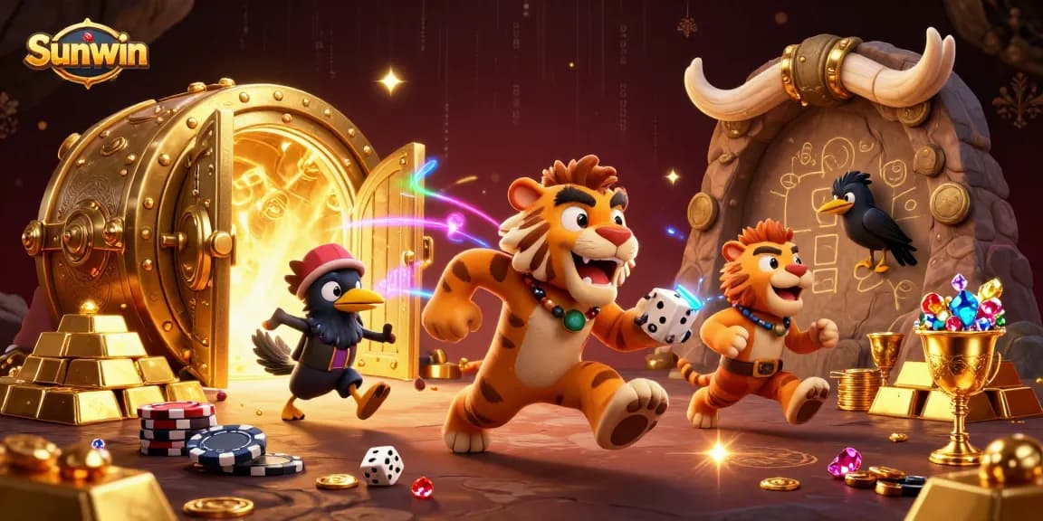Experience the excitement of Sunwin casino with a vibrant cavern setting filled with treasures and unique characters.