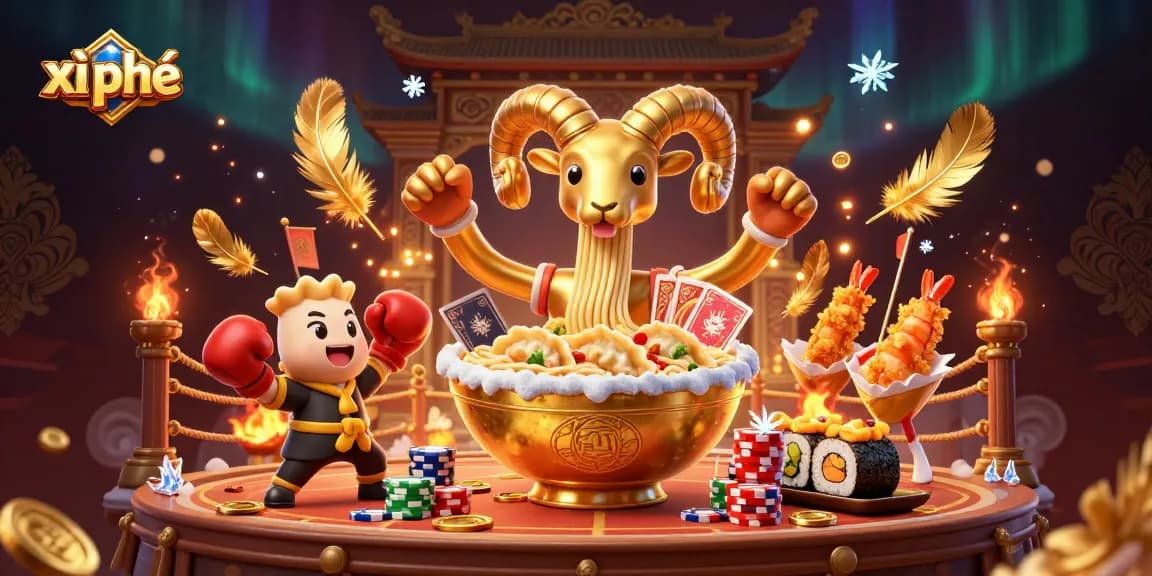 Engage in xì phé casino thrills with a giant ramen bowl character, dealers, and vivid game elements.